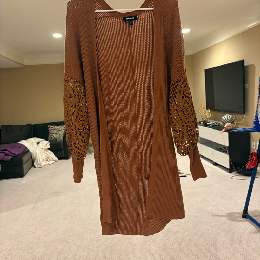 Express Brown Cardigan with Lace Detail